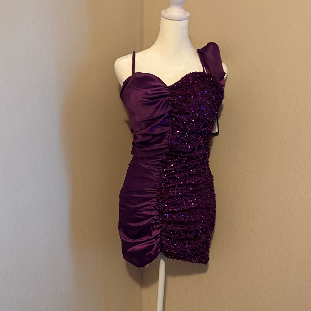 Purple Ruched Sequin Mini Dress